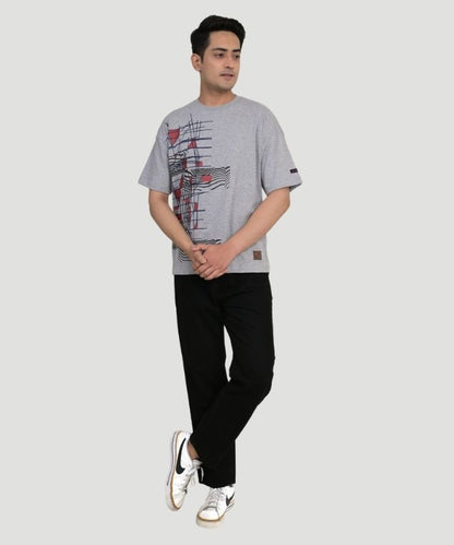 Men's Grey Geometric Print Half Sleeves Oversized Fit T-Shirt